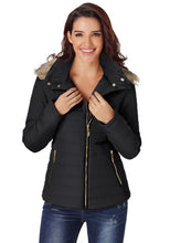 Vetinee Women Casual Faux Fur Lapel Zip Pockets Quilted Parka Jacket Puffer Coat