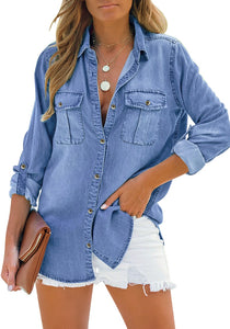 Vetinee Women's Button Down Denim Shirt Collared Casual Long Sleeve Pocket Tops