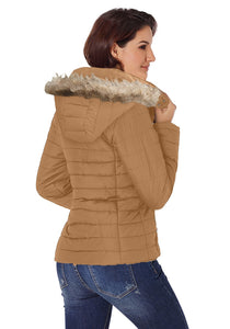 Vetinee Women Casual Faux Fur Lapel Zip Pockets Quilted Parka Jacket Puffer Coat