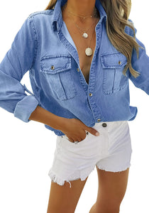 Vetinee Women's Button Down Denim Shirt Collared Casual Long Sleeve Pocket Tops