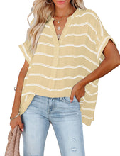 Vetinee Women's Striped V Neck Casual Tops Cuffed Batwing Sleeve Shirt Side Slit Blouse