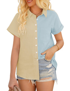 Vetinee Women's Casual Color Block Cotton Button Down Shirt Short Sleeves Collared Top