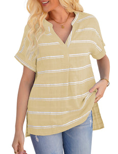 Vetinee Women's Striped V Neck Casual Tops Cuffed Batwing Sleeve Shirt Side Slit Blouse