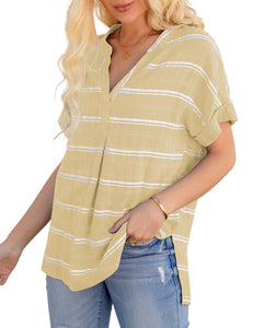 Vetinee Women's Striped V Neck Casual Tops Cuffed Batwing Sleeve Shirt Side Slit Blouse