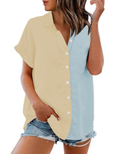 Vetinee Women's Casual Color Block Cotton Button Down Shirt Short Sleeves Collared Top