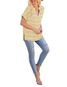 Vetinee Women's Striped V Neck Casual Tops Cuffed Batwing Sleeve Shirt Side Slit Blouse