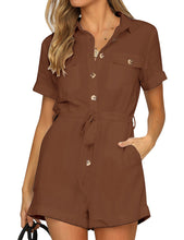 Vetinee Womens Summer Pockets Belted Romper Button Short Sleeve Jumpsuit Playsuit