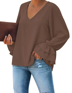 Vetinee Women's V Neck Ruffled Long Bell Sleeve Tops Casual Loose Shirt Blouse