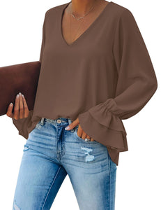 Vetinee Women's V Neck Ruffled Long Bell Sleeve Tops Casual Loose Shirt Blouse