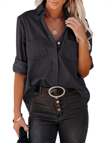 Vetinee Women's Long Sleeve Collared Shirt Button Down Denim Blouse Tops
