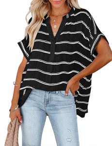 Vetinee Women's Striped V Neck Casual Tops Cuffed Batwing Sleeve Shirt Side Slit Blouse