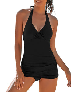 Vetinee Women's Halter Shirred Tankini Set Wrap V Neck Open Back Swimsuit Bathing Suit