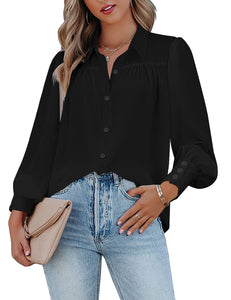 Vetinee Women's Collared V Neck Button Down Shirt Long Balloon Sleeve Dressy Tops Blouse