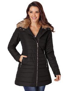 Vetinee Women Casual Faux Fur Lapel Zip Pockets Quilted Parka Jacket Puffer Coat