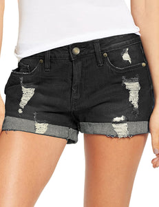Vetinee Women's Mid Rise Frayed Raw Hem Ripped Destroyed Denim Shorts Jeans