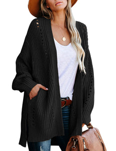 Black Open-Front Side Slit Oversized Cable Knit Cardigan