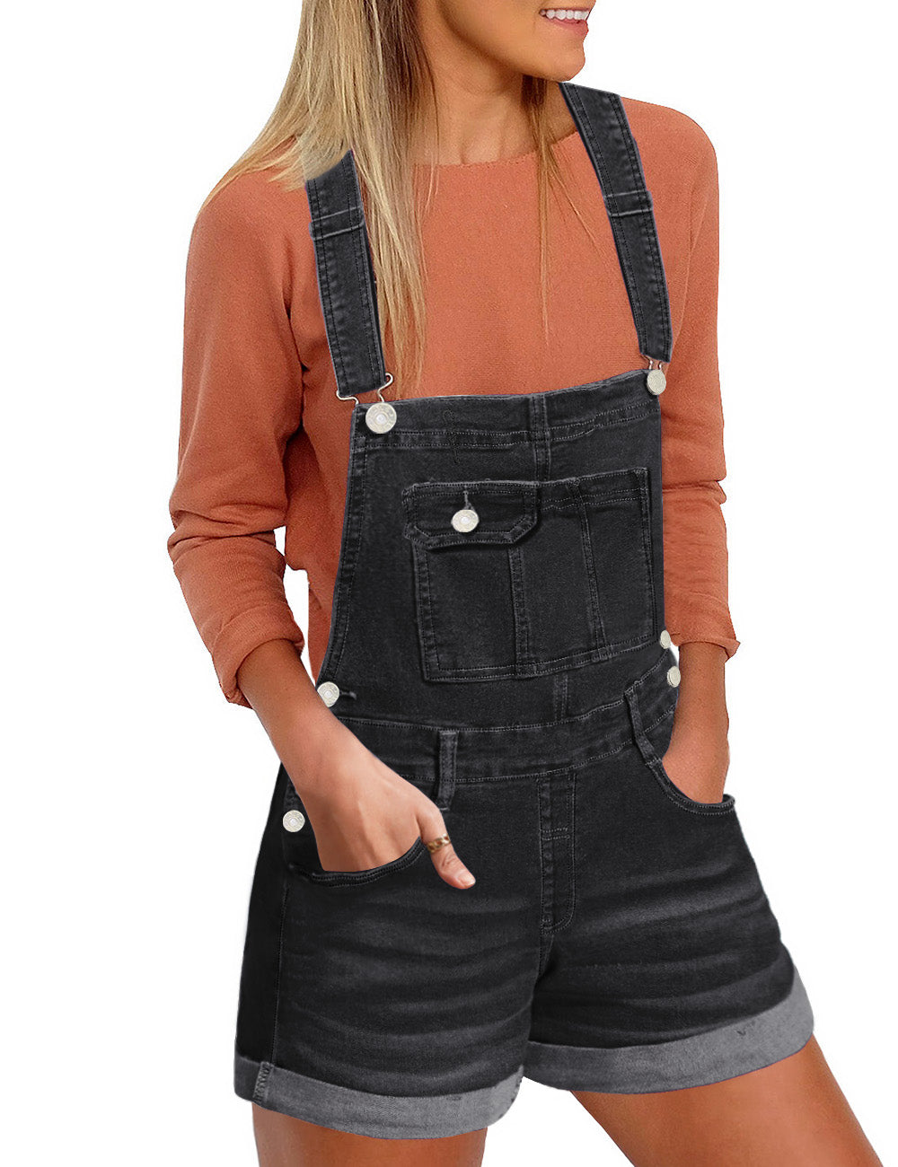 Vetinee Women's Classic Adjustable Straps Cuffed Hem Denim Bib Overalls Shorts