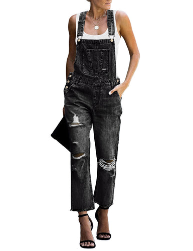 Vetinee Women's Frayed Hem Adjustable Straps Ripped Bib Denim Overalls Jeans Pants