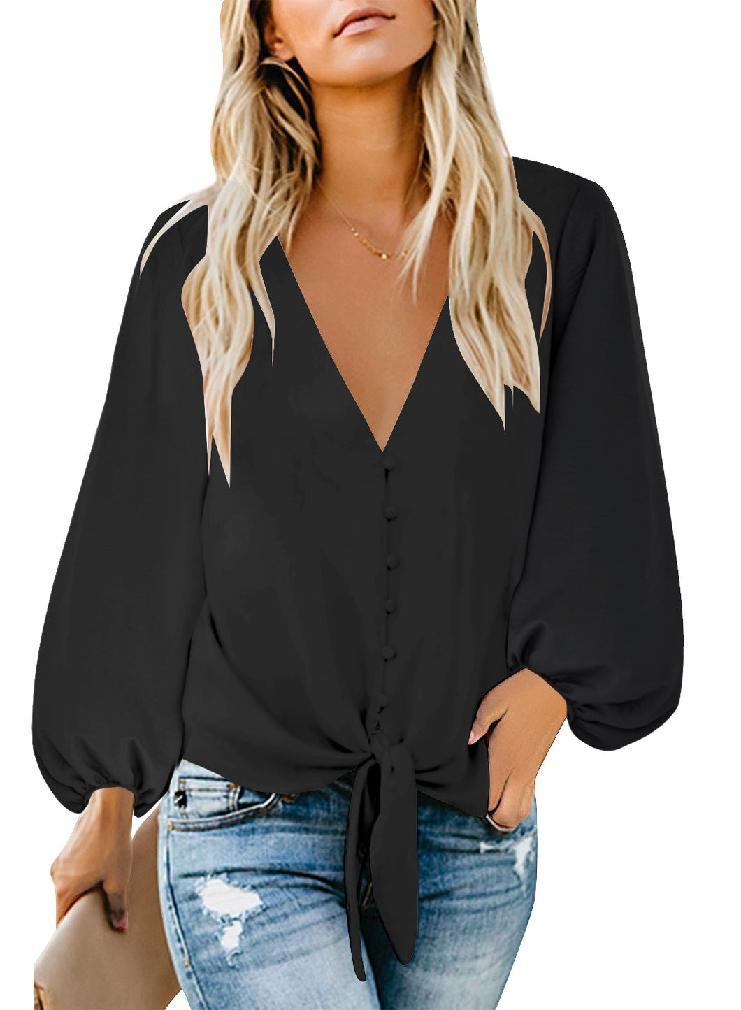 Black Lantern Sleeves Button Loop Tie-Front Top