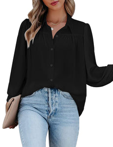 Vetinee Women's Collared V Neck Button Down Shirt Long Balloon Sleeve Dressy Tops Blouse