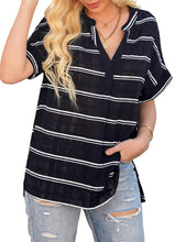 Vetinee Women's Striped V Neck Casual Tops Cuffed Batwing Sleeve Shirt Side Slit Blouse