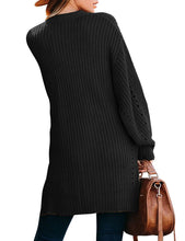Black Open-Front Side Slit Oversized Cable Knit Cardigan