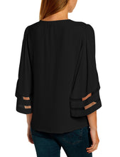 Vetinee Women's 3/4 Bell Sleeve Shirt Mesh Panel Blouse V Neck Casual Loose Tops