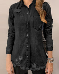 Vetinee Women’s Vintage Black Distressed Button Down Shirts Frayed Hem Shacket Long Sleeve Pockets