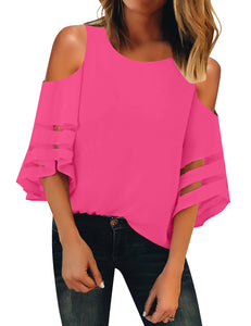 Vetinee Women's 3/4 Bell Sleeve Shirt Mesh Panel Blouse Cold Shoulder Crewneck Tops
