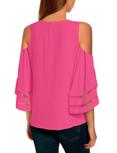Vetinee Women's 3/4 Bell Sleeve Shirt Mesh Panel Blouse Cold Shoulder Crewneck Tops