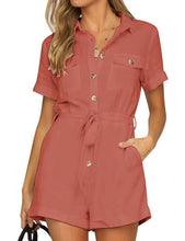 Vetinee Womens Summer Pockets Belted Romper Button Short Sleeve Jumpsuit Playsuit