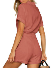 Vetinee Womens Summer Pockets Belted Romper Button Short Sleeve Jumpsuit Playsuit