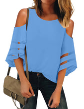 Vetinee Women's 3/4 Bell Sleeve Shirt Mesh Panel Blouse Cold Shoulder Crewneck Tops