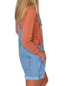 Vetinee Women's Classic Adjustable Straps Cuffed Hem Denim Bib Overalls Shorts