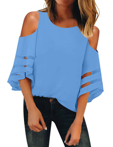 Vetinee Women's 3/4 Bell Sleeve Shirt Mesh Panel Blouse Cold Shoulder Crewneck Tops