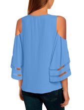 Vetinee Women's 3/4 Bell Sleeve Shirt Mesh Panel Blouse Cold Shoulder Crewneck Tops