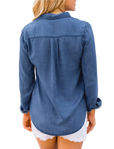 Vetinee Women's Button Down Denim Shirt Collared Casual Long Sleeve Pocket Tops