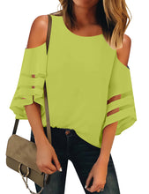 Vetinee Women's 3/4 Bell Sleeve Shirt Mesh Panel Blouse Cold Shoulder Crewneck Tops