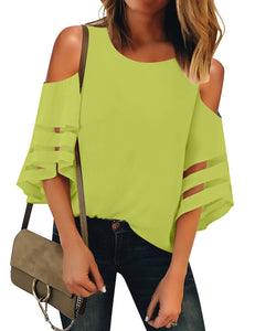 Vetinee Women's 3/4 Bell Sleeve Shirt Mesh Panel Blouse Cold Shoulder Crewneck Tops