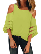 Vetinee Women's 3/4 Bell Sleeve Shirt Mesh Panel Blouse Cold Shoulder Crewneck Tops