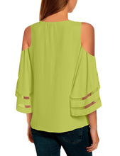 Vetinee Women's 3/4 Bell Sleeve Shirt Mesh Panel Blouse Cold Shoulder Crewneck Tops
