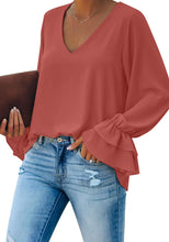 Vetinee Women's V Neck Ruffled Long Bell Sleeve Tops Casual Loose Shirt Blouse