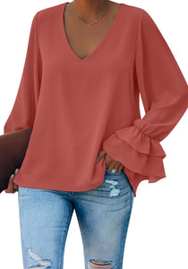 Vetinee Women's V Neck Ruffled Long Bell Sleeve Tops Casual Loose Shirt Blouse