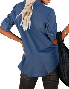 Vetinee Women's Long Sleeve Collared Shirt Button Down Denim Blouse Tops