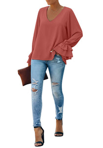 Vetinee Women's V Neck Ruffled Long Bell Sleeve Tops Casual Loose Shirt Blouse