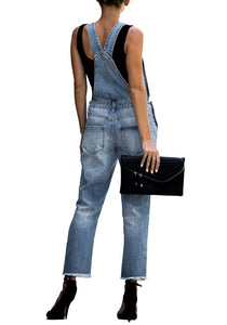 Vetinee Women's Frayed Hem Adjustable Straps Ripped Bib Denim Overalls Jeans Pants