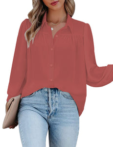 Vetinee Women's Collared V Neck Button Down Shirt Long Balloon Sleeve Dressy Tops Blouse