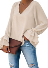 Vetinee Women's V Neck Ruffled Long Bell Sleeve Tops Casual Loose Shirt Blouse