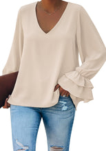 Vetinee Women's V Neck Ruffled Long Bell Sleeve Tops Casual Loose Shirt Blouse