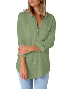 Vetinee Women's Casual Button Down Blouse Shirts Cuffed Sleeve Loose T-Shirt Tops